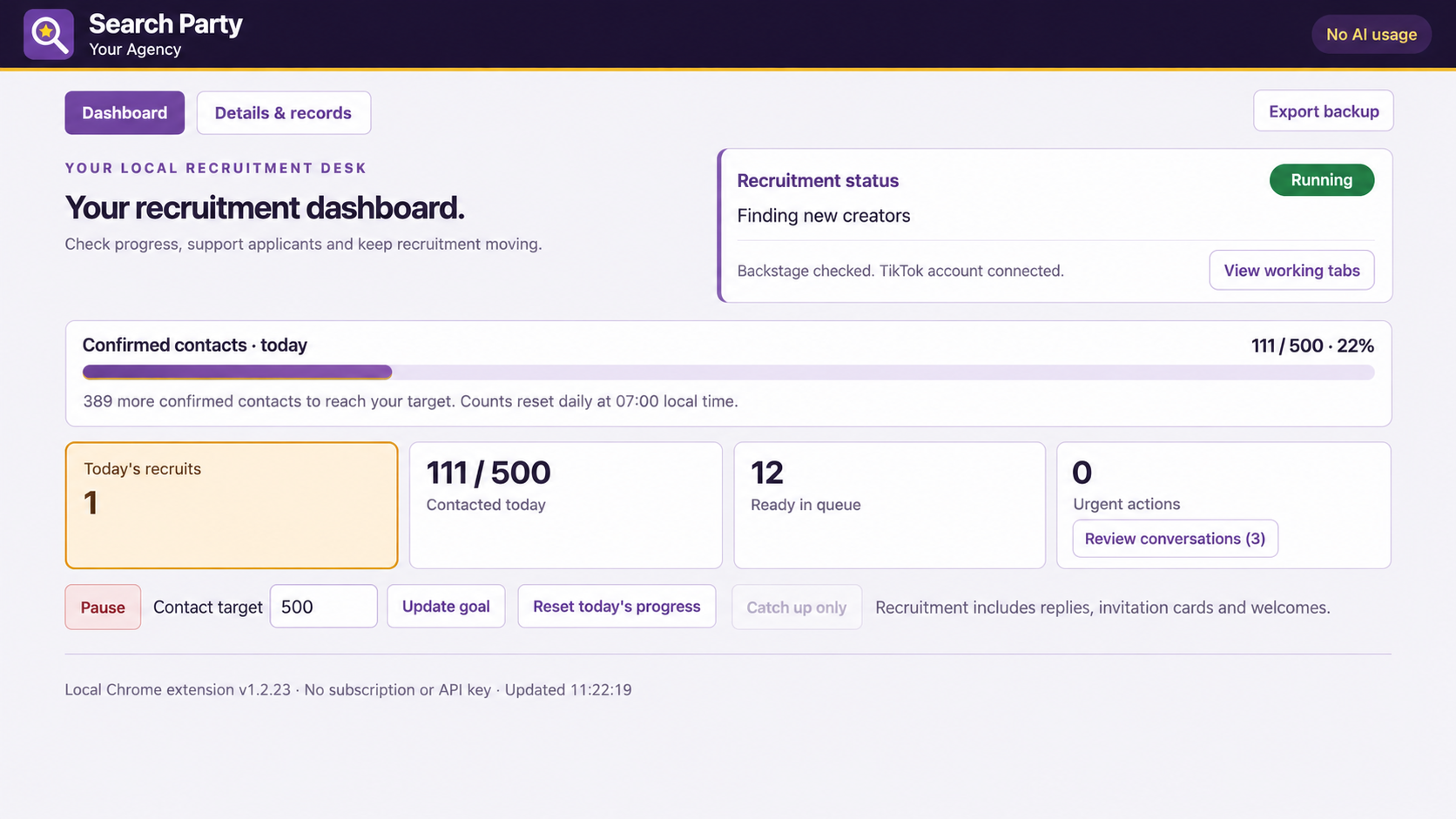 Search Party dashboard: one recruit today, 111 confirmed contacts, 12 ready in the queue and three conversations to review.